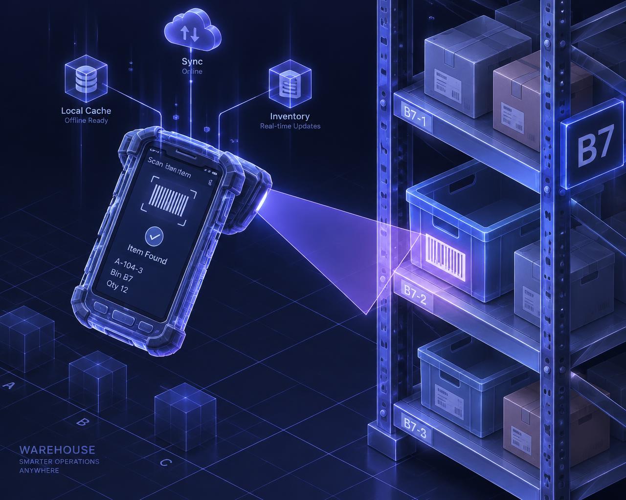 Handheld scanner reading a barcoded bin on a warehouse rack and syncing to the system